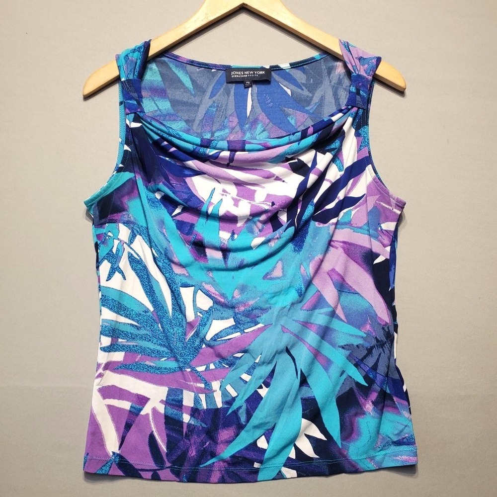 Jones New York Tank Top Womens PS Blue Purple Tropical Cowl Neck Stretch Resort